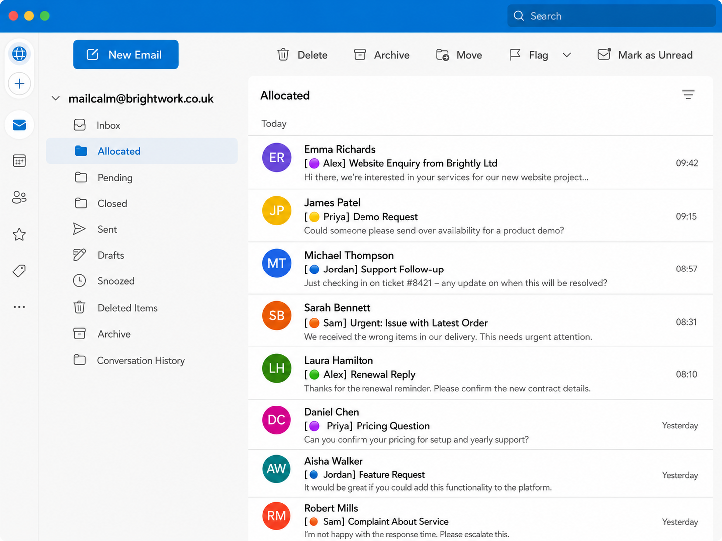 Outlook Allocated folder showing emails labelled with the person each message was routed to